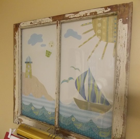 Maritime scene, paper and antique window