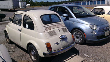 White 1970 Fiat, blue 2013 Fiat